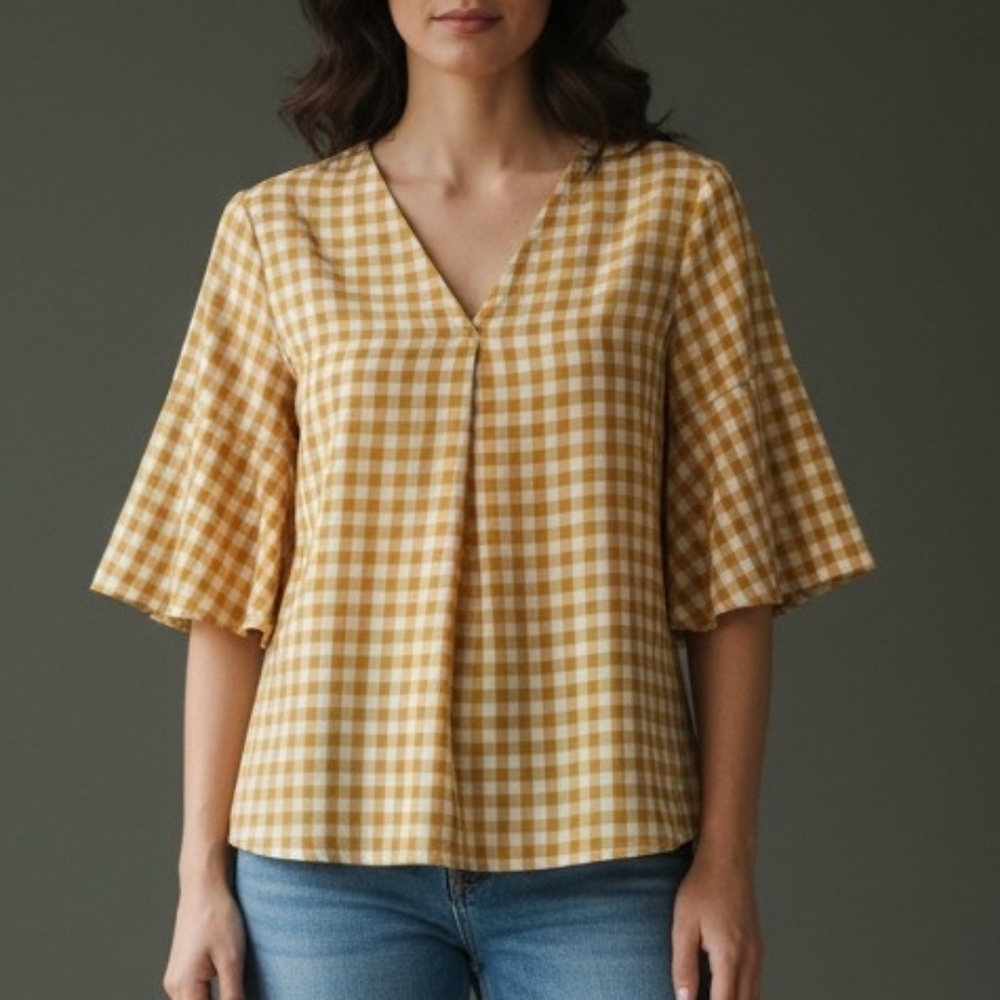 Susan BETRO Mustard Yellow Gingham Flare Sleeve Festival Blouse